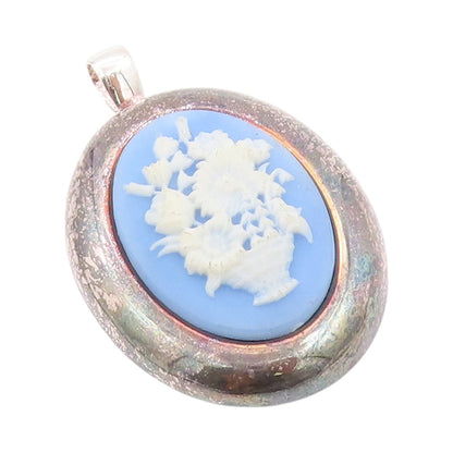 925 Sterling Silver Vintage Brooch Pin Blue Flower Vase Cameo  BP11594
