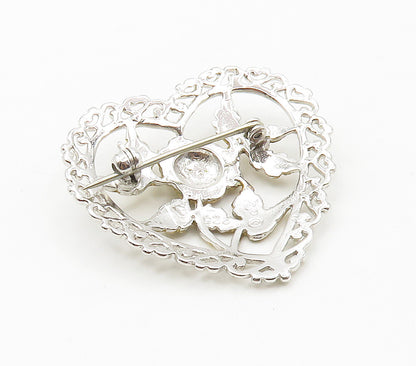 925 Sterling Silver  Vintage Two Tone Floral Love Heart Brooch Pin  BP6096