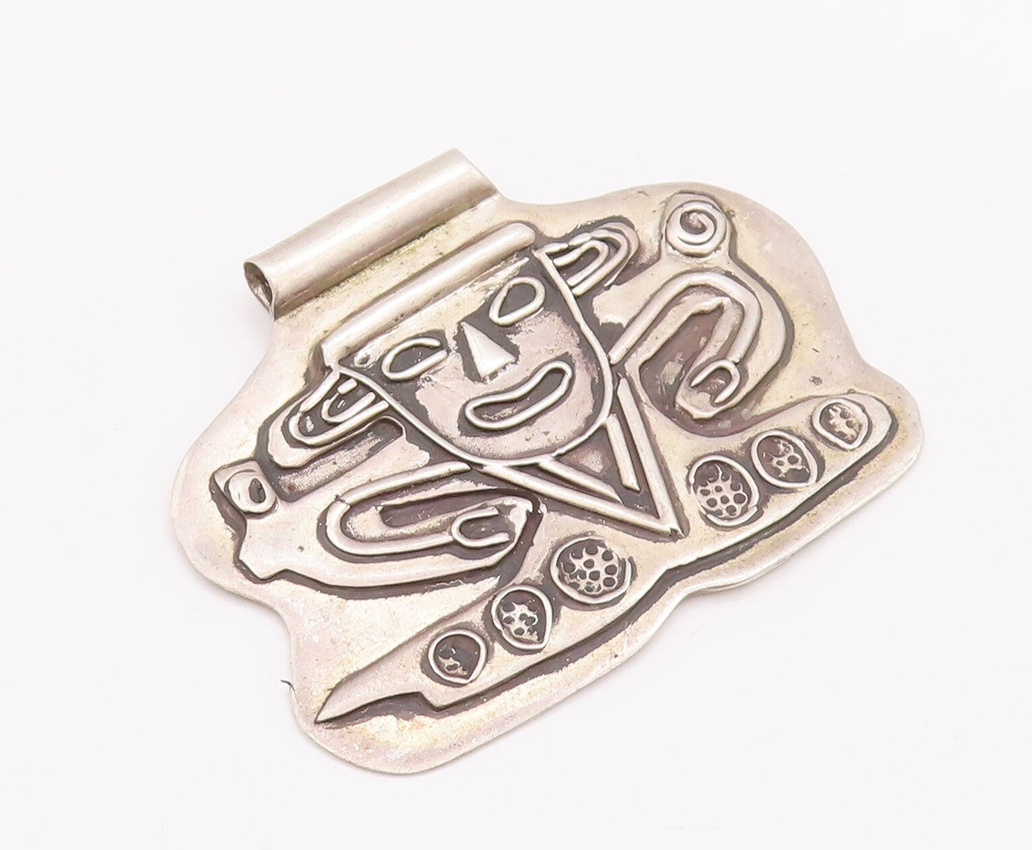 925 Sterling Silver Vintage Pendant Brutalist Carved Joker Man Face  PT22971