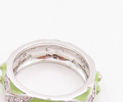 925 Sterling Silver Vintage Ring Designer Green Enameled CZ Inlay  Sz 6  RG29057