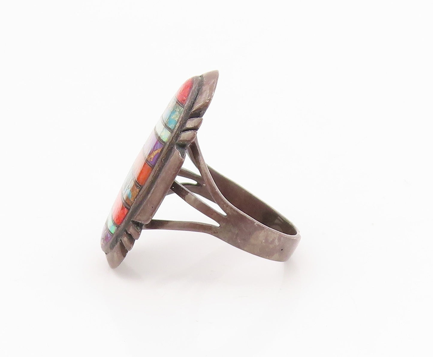 925 Sterling Silver Vintage Ring NAVAJO Multi Gemstone Inlay  Sz 10.5  RG34315