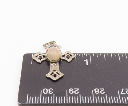 925 Sterling Silver Vintage Pendant Antique Gemstone Carved Cross  PT24272
