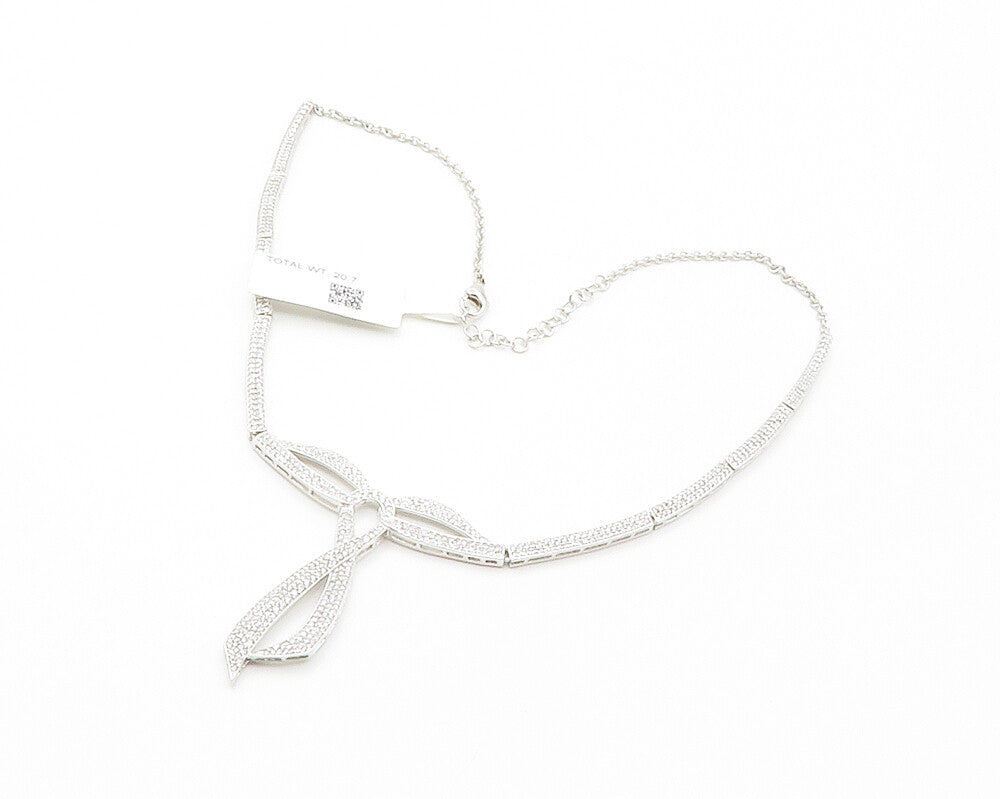 925 Sterling Silver  Shiny Cubic Zirconia Ribbon Bow Collar Necklace  NE2321