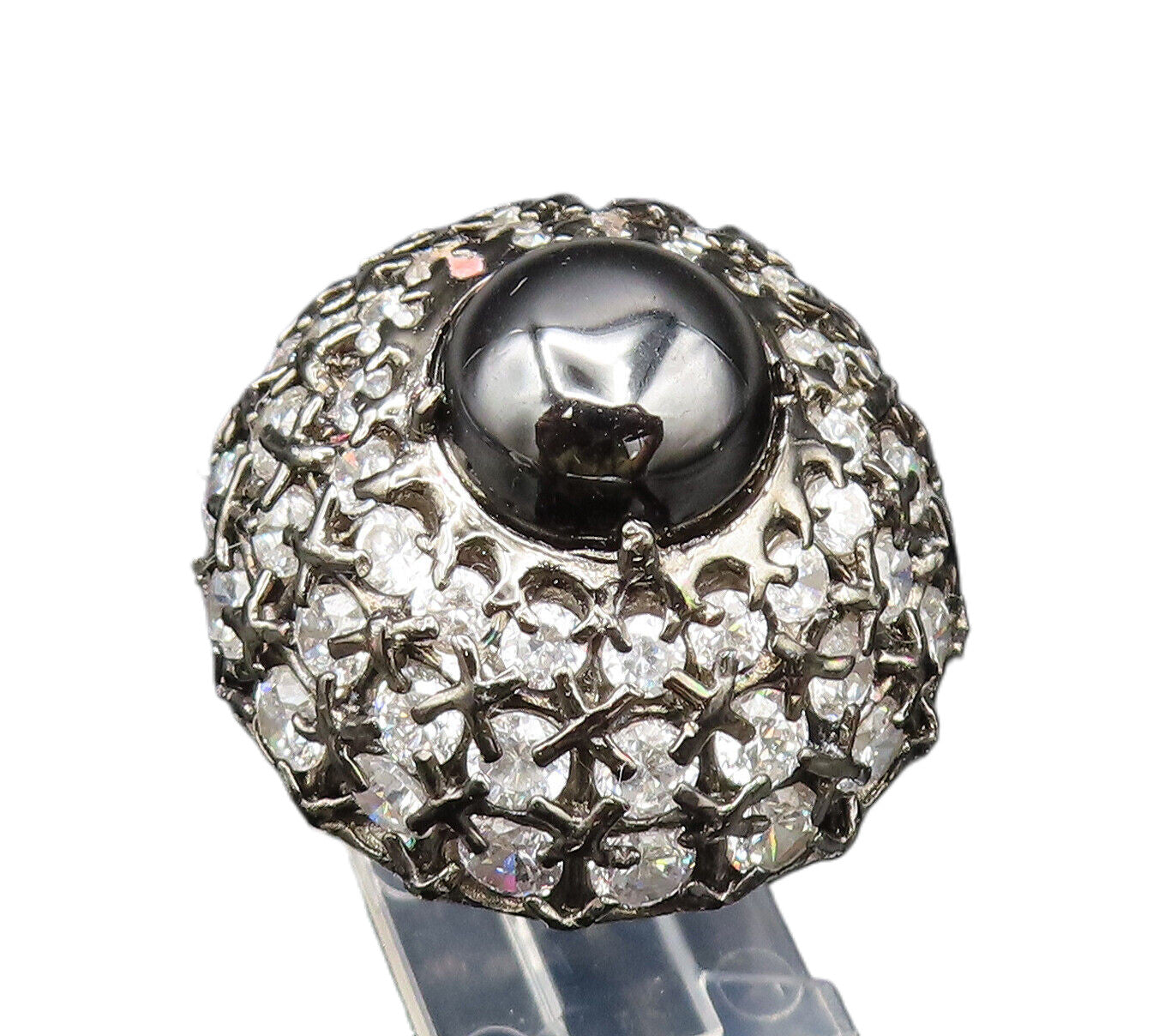 925 Silver  Vintage Royal Hematite & Cubic Zirconia Ring Sz 8.5  RG25585