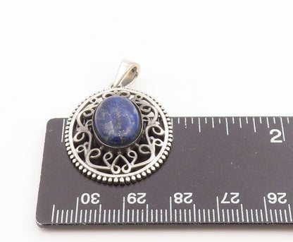 925 Sterling Silver Vintage Pendant Cabochon Lapis Lazuli Openwork Charm PT26239