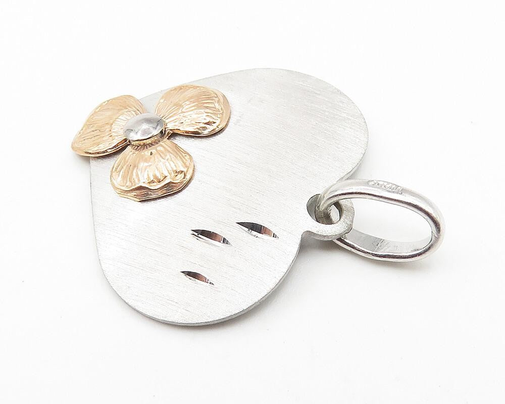 925 Sterling Silver  Two Tone Diamond Cut Floral Love Heart Pendant  PT8242