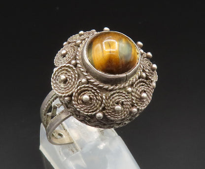 ISRAEL 925 Silver  Vintage Beaded Rope Spiral Tiger's Eye Ring Sz 9  RG24956