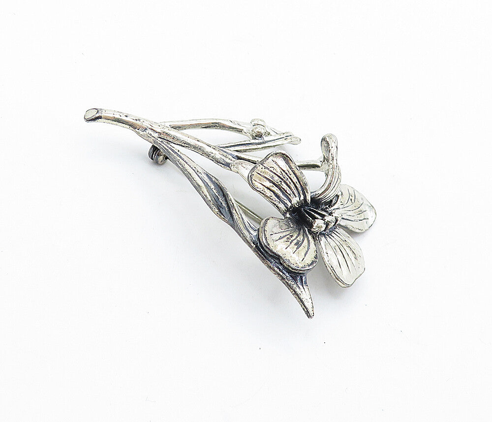 JEWELART 925 Silver Vintage Shiny Sculpted Flower Motif Brooch Pin BP2657