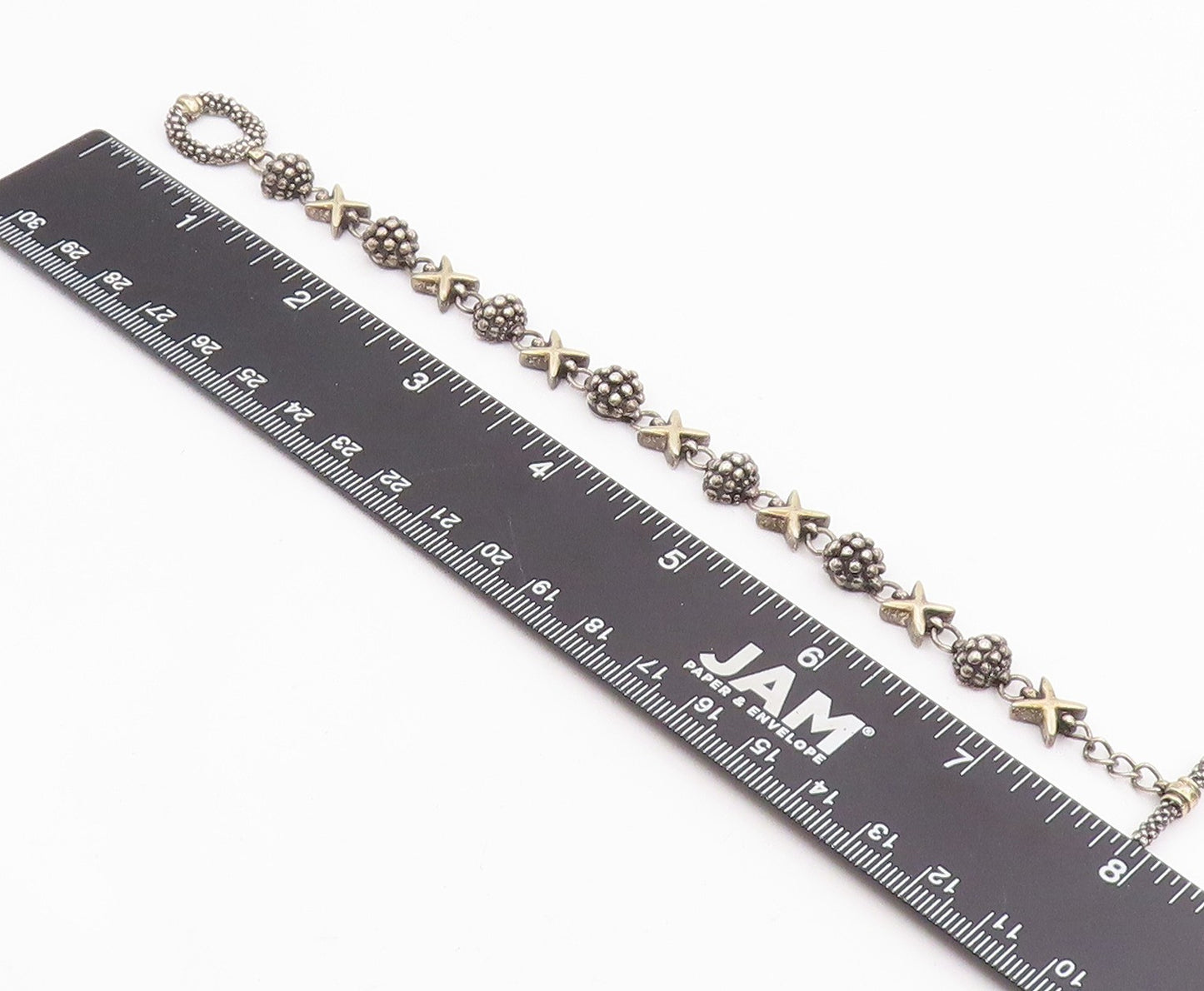 14k Gold & 925 Sterling Silver Vintage Bracelet Beaded Ball & Cross Link BT11978