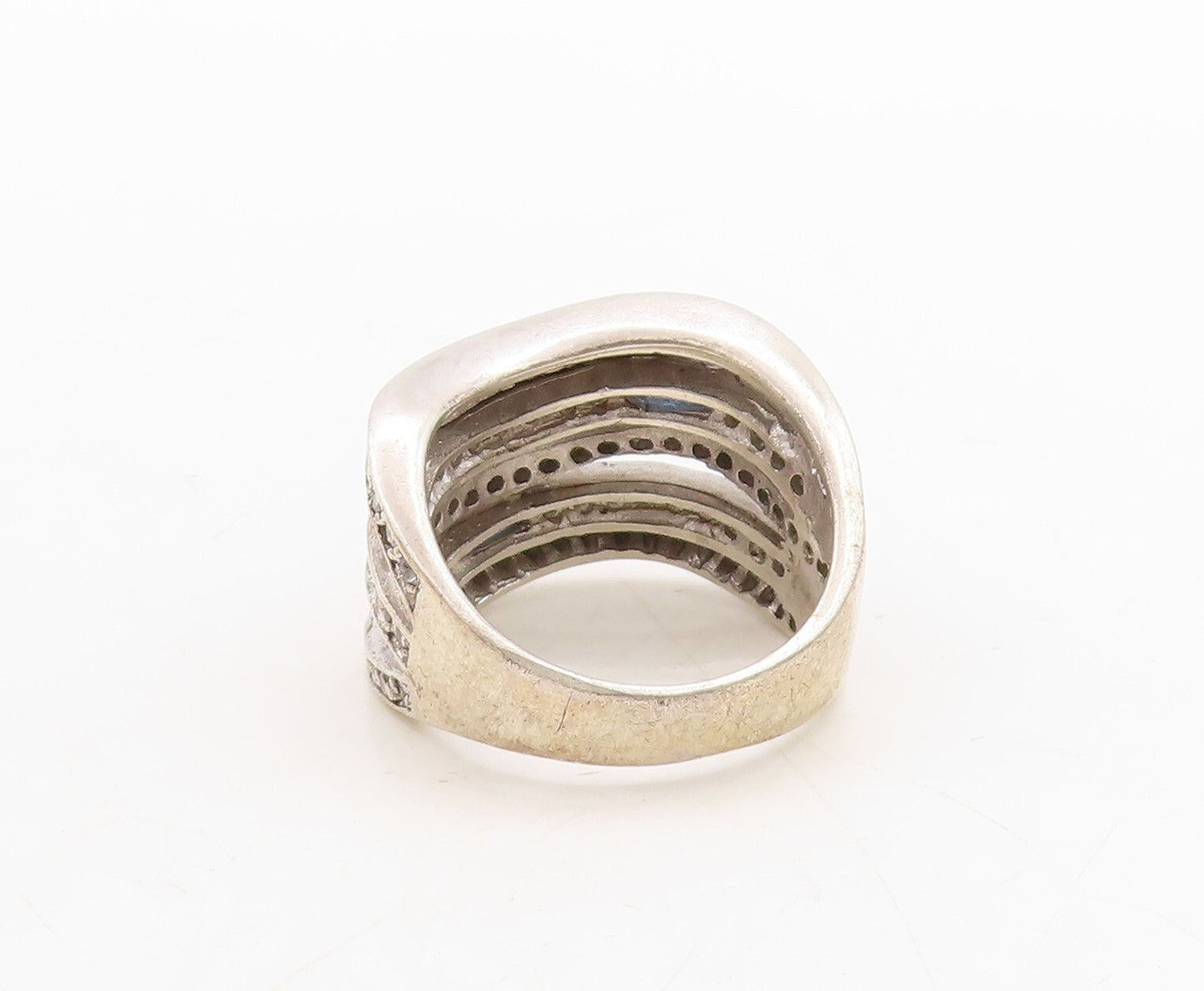 925 Sterling Silver Vintage Ring Cutout CZ & sapphire Inlay Bands Sz 9.5 RG31670