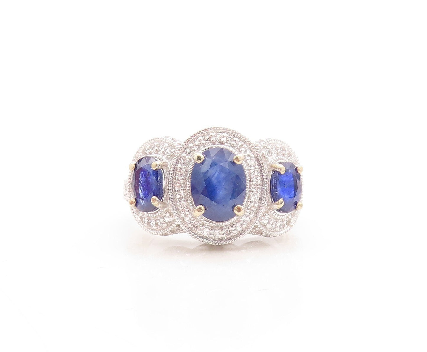 925 Sterling Silver Vintage Ring Oval Cut Sapphire Halo CZ Bands  Sz 7  RG31536