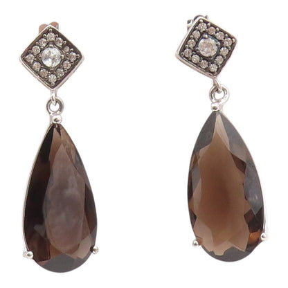 925 Sterling Silver Vintage Earrings Classic Smoky Quartz & CZ Teardrop  EG14350
