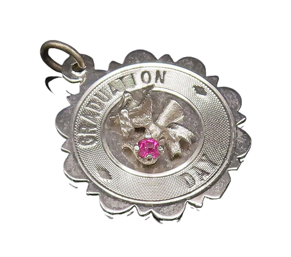925 Silver  Vintage Tourmaline Accent Graduation Day Medal Pendant  PT21754