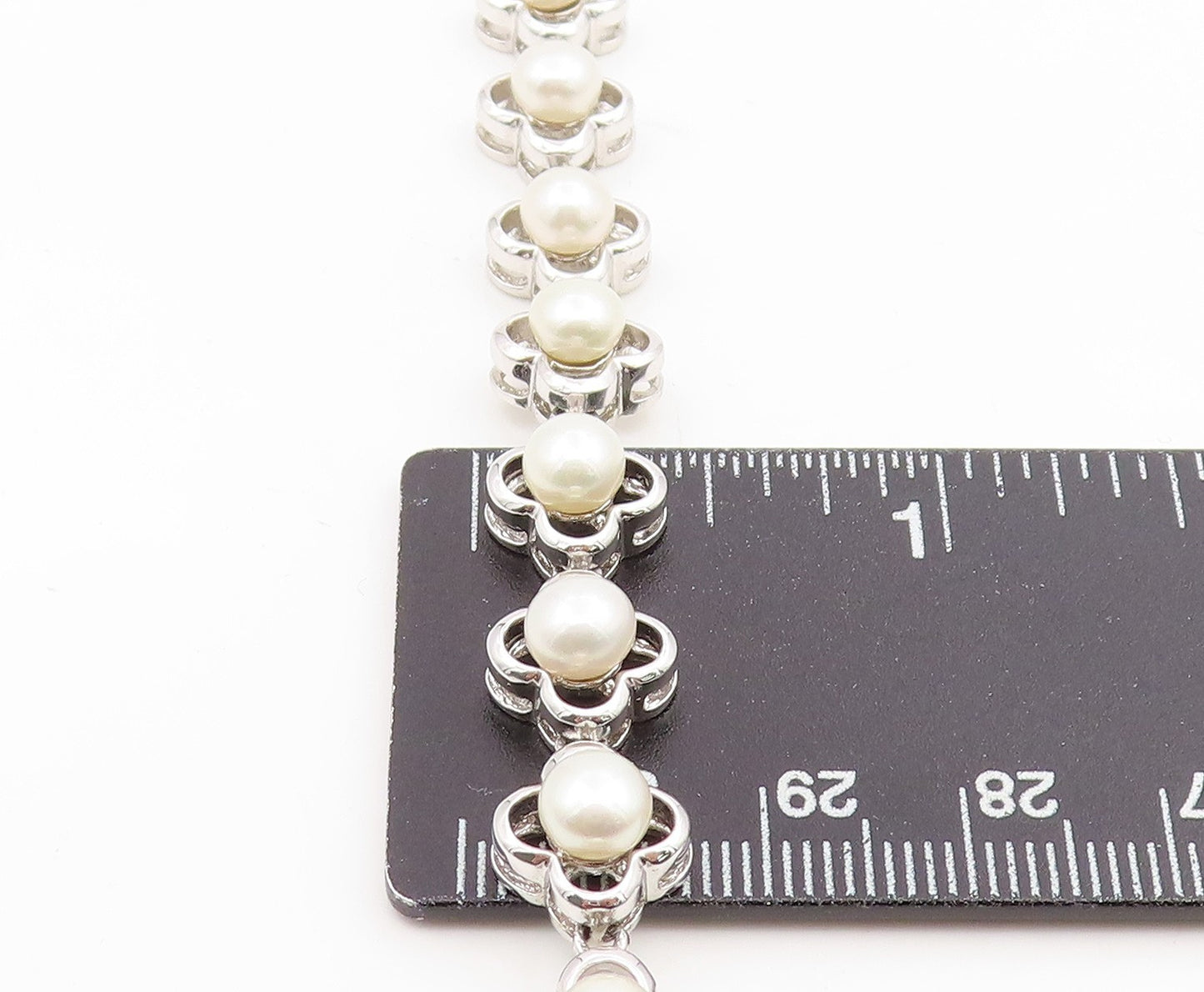 925 Sterling Silver Vintage Necklace White Pearl Elegant Floral Chain  NE4811
