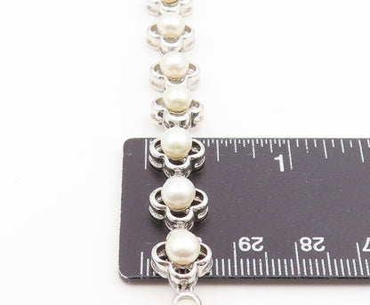 925 Sterling Silver Vintage Necklace White Pearl Elegant Floral Chain  NE4811