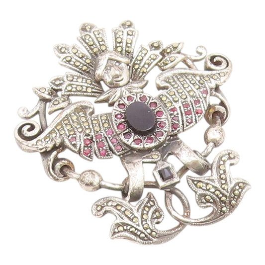 925 Sterling Silver Vintage Brooch Pin Onyx  & Ruby Winged Goddess  BP12590
