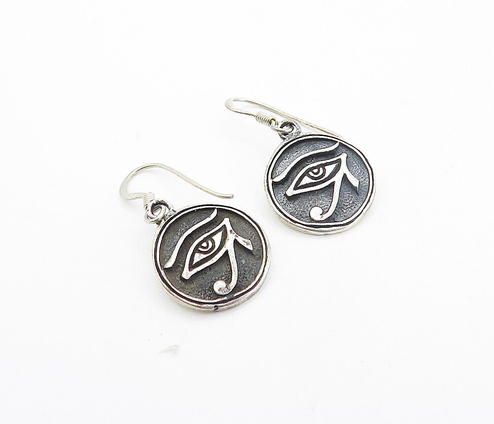 925 Sterling Silver  Vintage Oxidized Eye Of Horus Dangle Earrings  EG3504