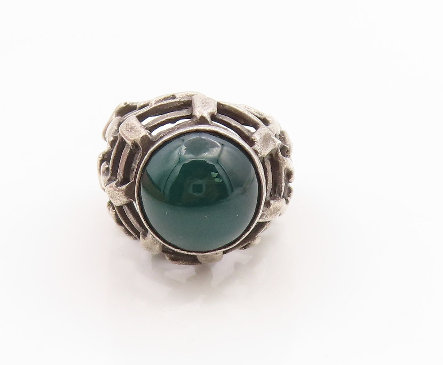 925 Sterling Silver Vintage Ring ISRAEL Green Onyx Brutalist Band  Sz 6  RG35922
