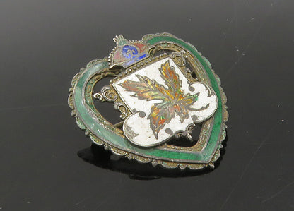 925 Sterling Silver  Vintage Enamel Maple Leaf Crown Heart Brooch Pin  BP8665