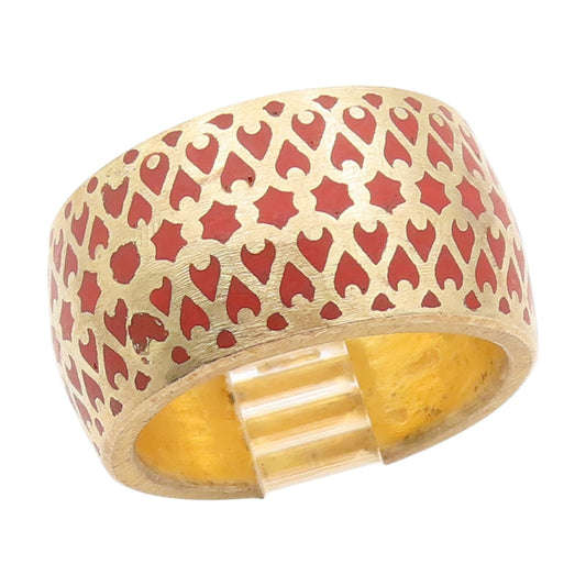 925 Sterling Silver Vintage Ring Gold Plated Red Lattice Pattern  Sz 7  RG34548