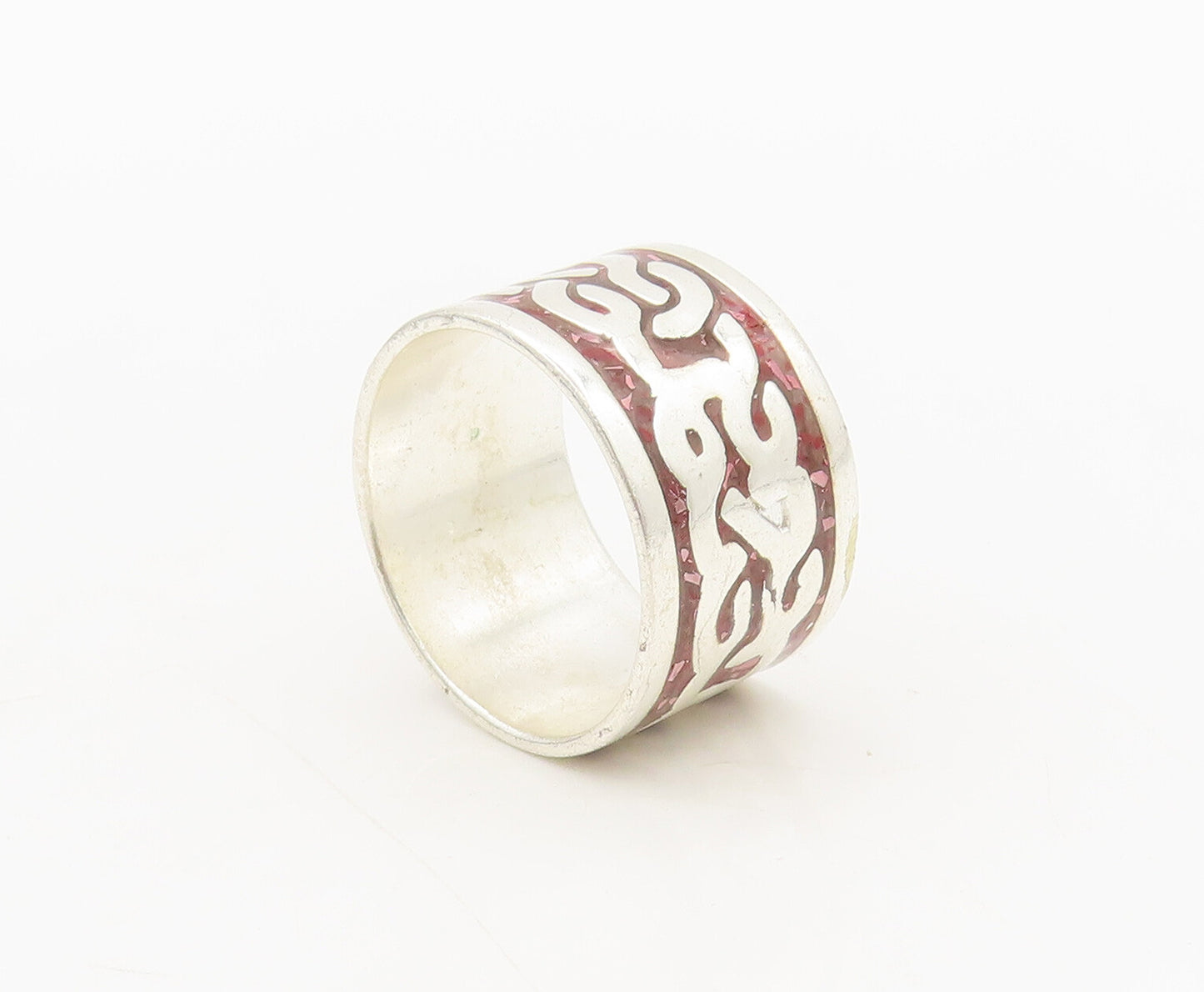 MEXICO 925 Silver  Vintage Swirly Celtic Crushed Stones Ring Sz 12  RG27329