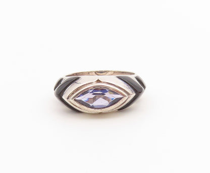 925 Sterling Silver Vintage Ring Marquise Cut Amethyst & Onyx Band Sz 5 RG36661