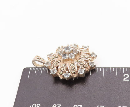 925 Sterling Silver Vintage Pendant Floral Carved Blue CZ Inlay  PT23299