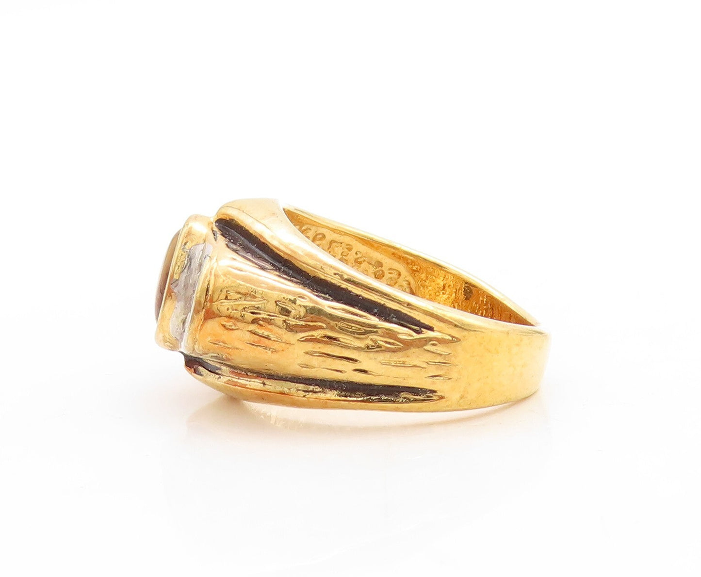 925 Sterling Silver Vintage Ring UNCAS Gold Plated Tigers Eye & CZ Sz 10 RG31164