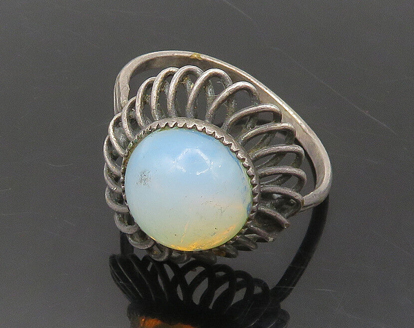 925 Sterling Silver  Vintage Milky Stone Floral Cocktail Ring Sz 12  RG17240