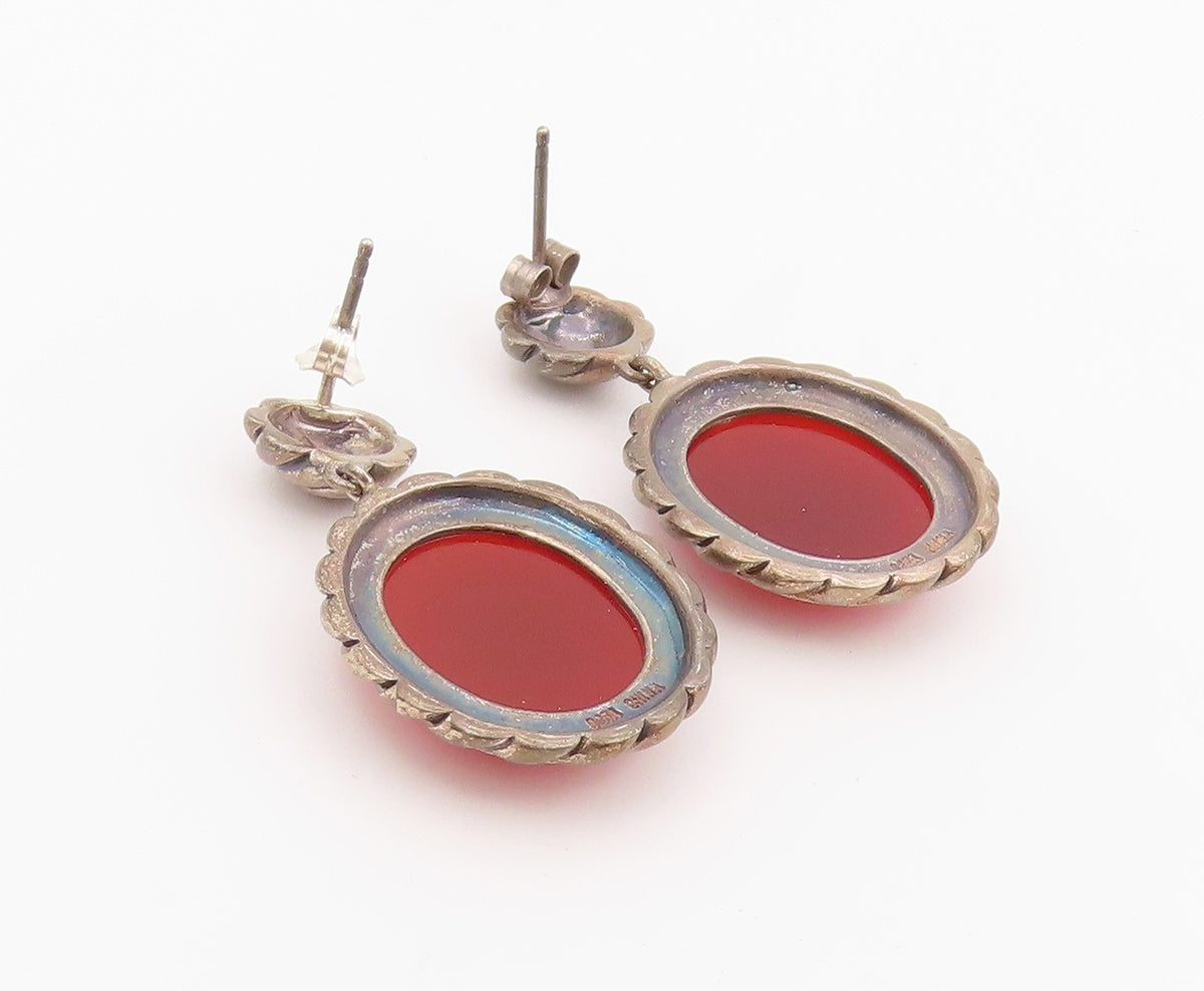 925 Sterling Silver Vintage Earrings Cabochon Carnelian Rope Edge Dangle EG14456
