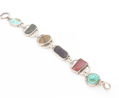 925 Sterling Silver Vintage Bracelet Chunky Multi Gemstone Solid Link  BT11709