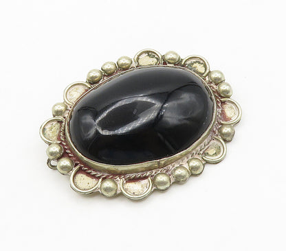 MEXICO 925 Sterling Silver  Vintage Cabochon Cut Black Onyx Brooch Pin  BP6173