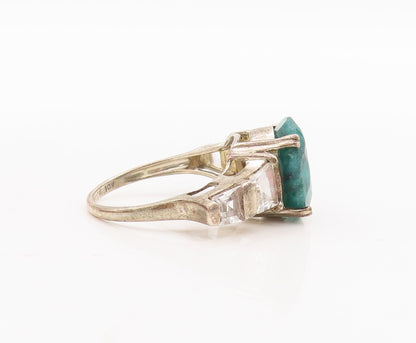 925 Sterling Silver Vintage Ring Oval Cut Emerald & Topaz Inlay  Sz 7  RG29210