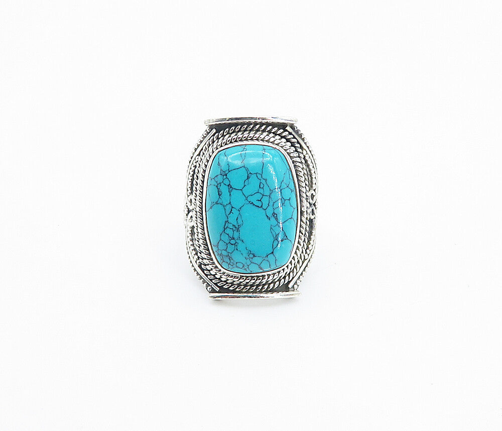 925 Sterling Silver  Cabochon Turquoise Rope Twist Cocktail Ring Sz 6  RG8531