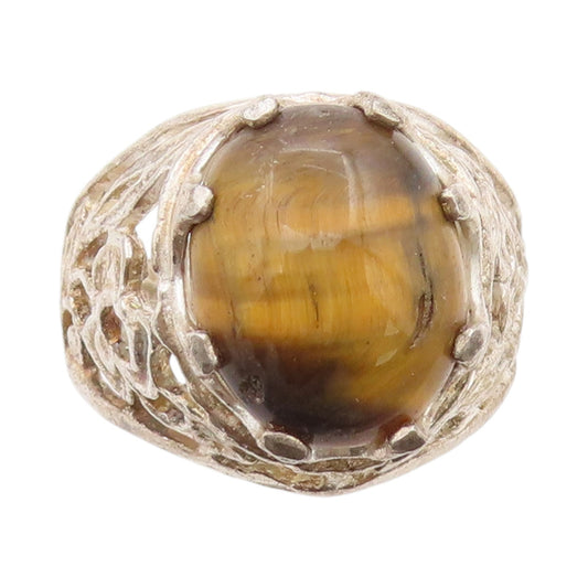 925 Sterling Silver Vintage Ring Floral Cutout Oval Tiger's Eye  Sz 11  RG33334