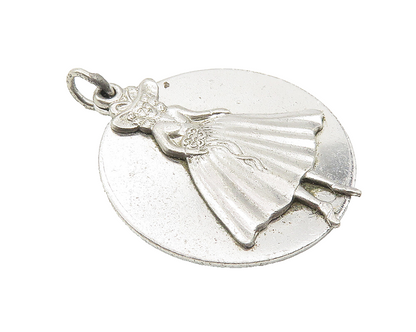 925 Sterling Silver  Vintage Shiny Woman In Dress Round Drop Pendant  PT8441