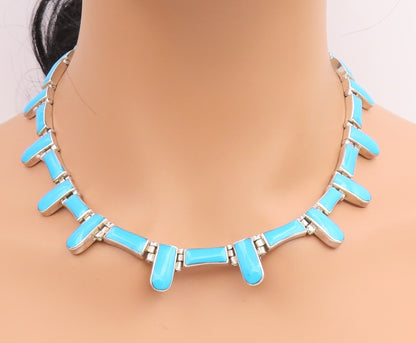 925 Sterling Silver Vintage Necklace MEXICO Turquoise Inlay Panel Choker  NE4787