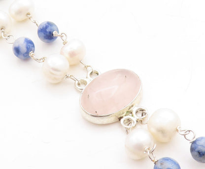 925 Sterling Silver  Rose Quartz & Freshwater Pearls Chain Bracelet  BT1165