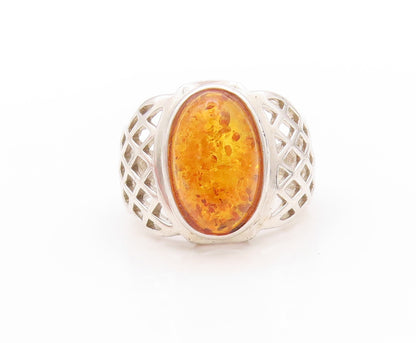 925 Sterling Silver Vintage Ring Net Design Cut Band Honey Amber  Sz 10  RG32698