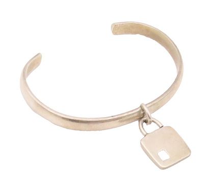 925 Sterling Silver Vintage Bracelet Minimalist Solid Dangling Lock Cuff BT10402
