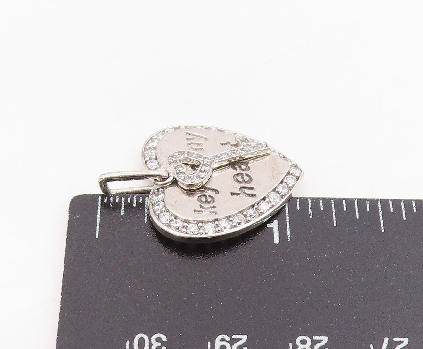 925 Sterling Silver Vintage Pendant Round CZ Engraved Key To Me Heart   PT25484