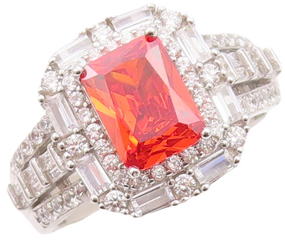 925 Sterling Silver Vintage Ring Rectangle Cut Orange Halo White CZ Sz 7 RG30136