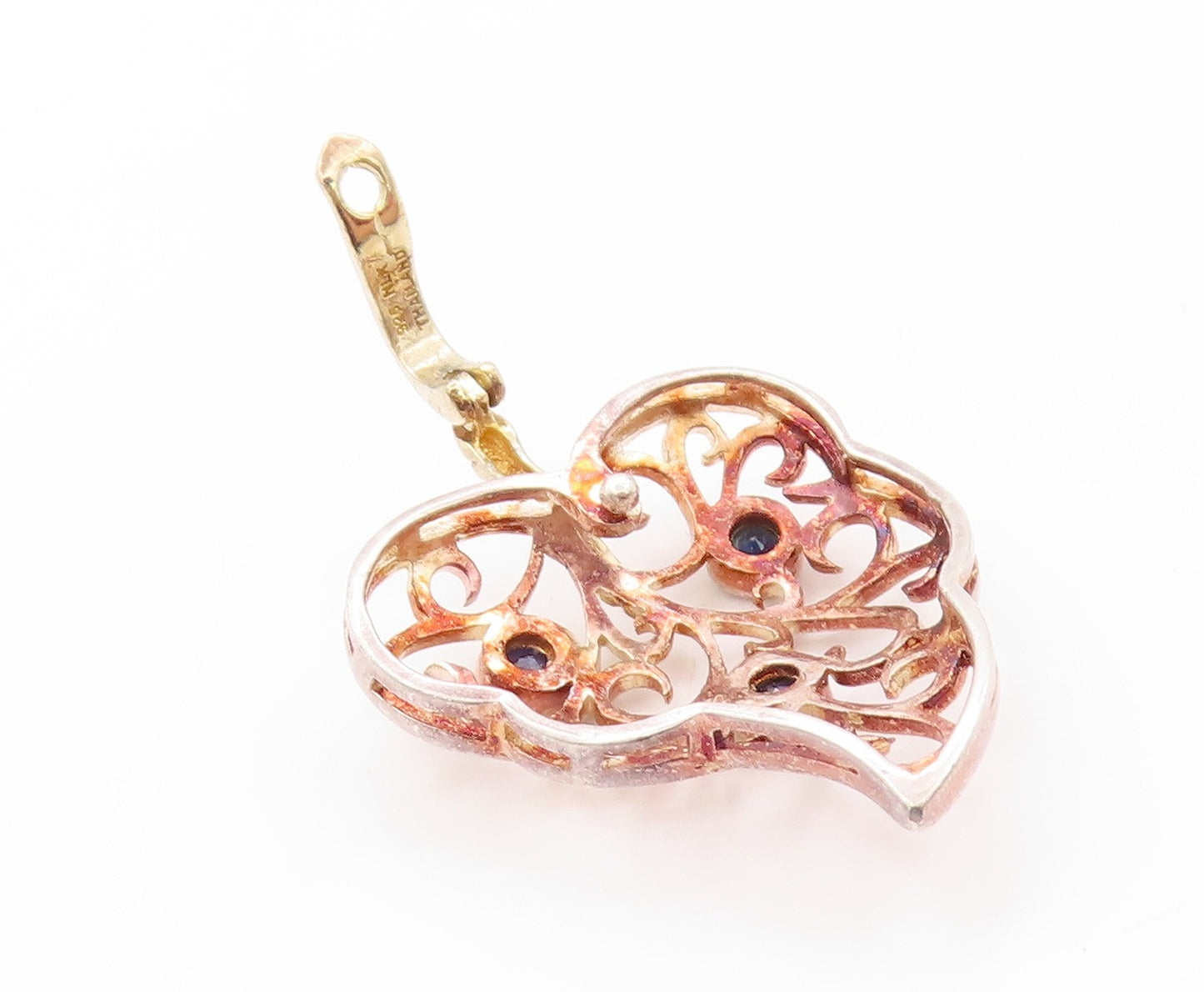 925 Sterling Silver Vintage Pendant Sapphire Swirly Heart Shape Leaf  PT24155