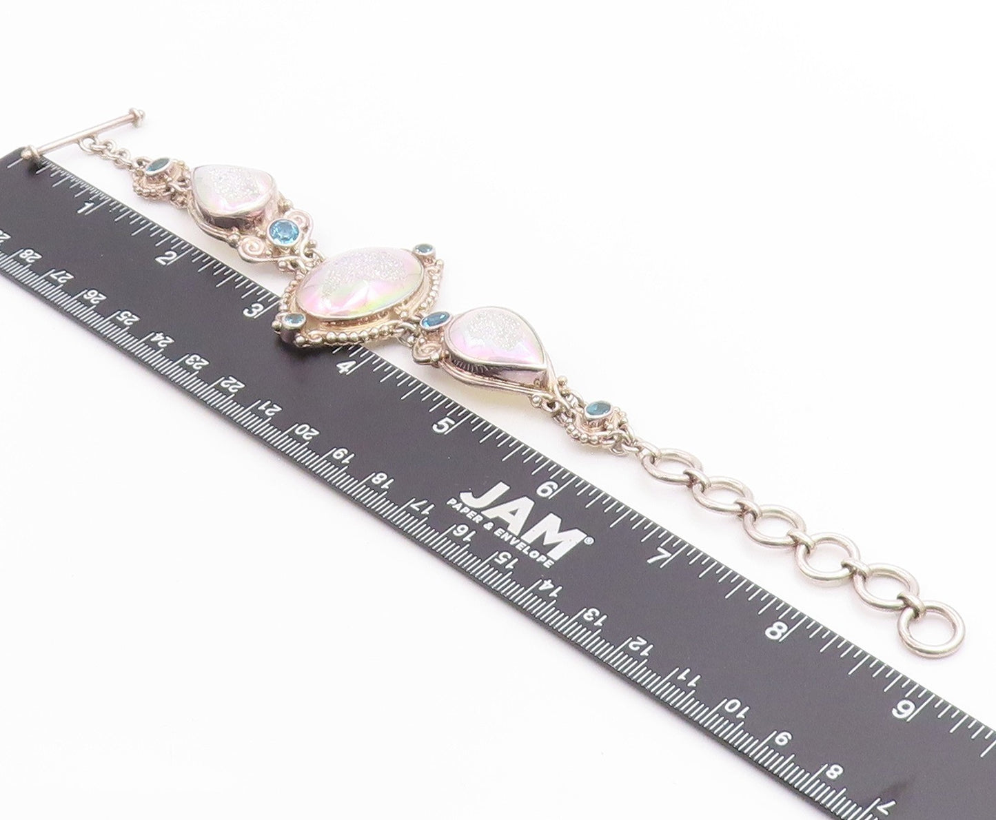 925 Sterling Silver Vintage Bracelet SAJEN Drusy Quartz & Topaz Link  BT12003