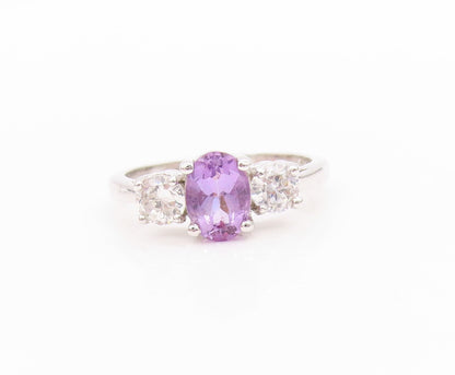 925 Sterling Silver Vintage Ring Amethyst & CZ Three Stone Band  Sz 6  RG33577