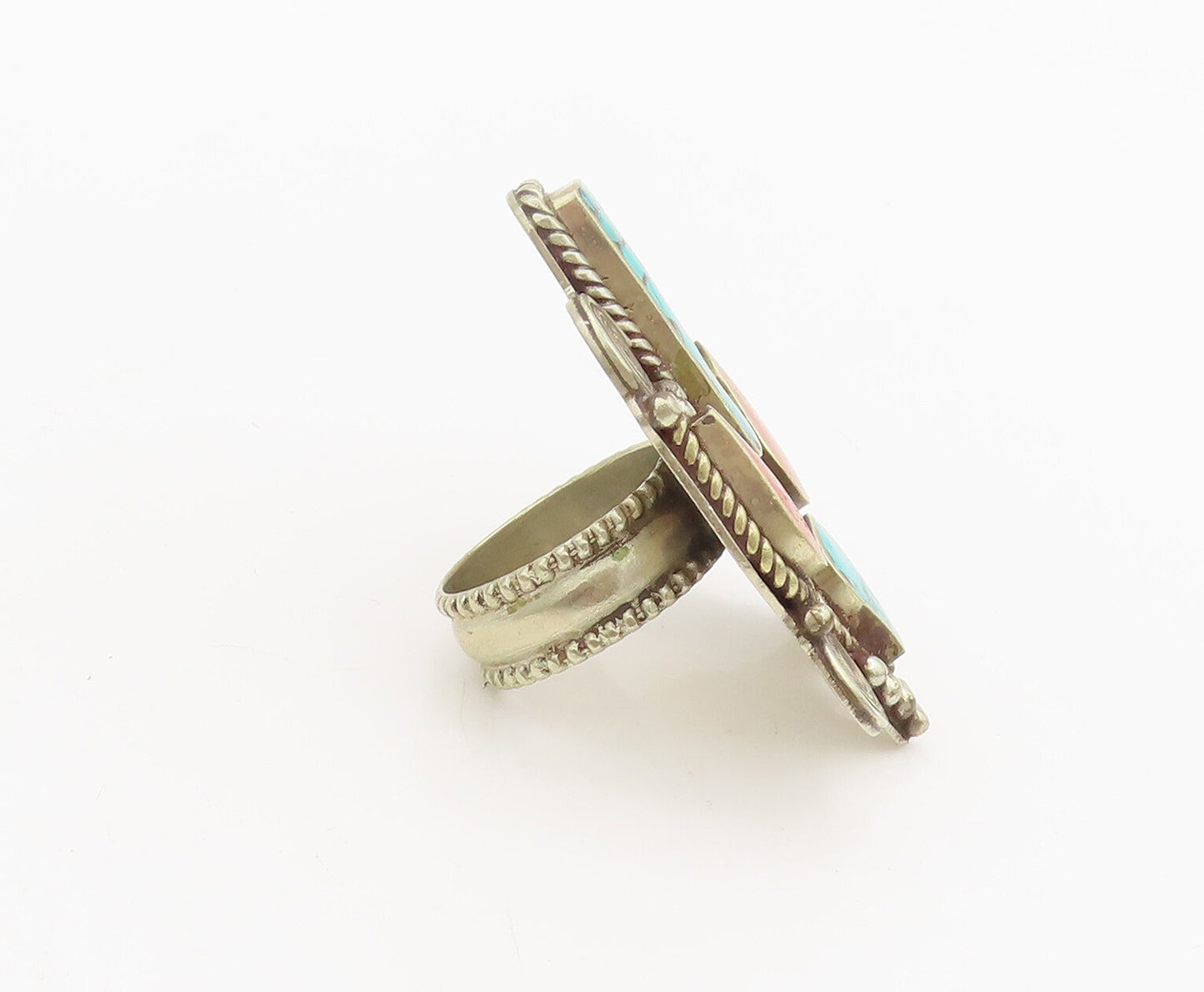 925 Silver  Vintage Large Swirly & beaded Carved Turquoise Ring Sz 8  RG26892