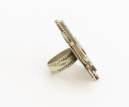 925 Silver  Vintage Large Swirly & beaded Carved Turquoise Ring Sz 8  RG26892