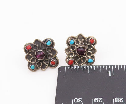 925 Sterling Silver Vintage Earrings MEXICO Multi Gemstone Floral Stud  EG14092
