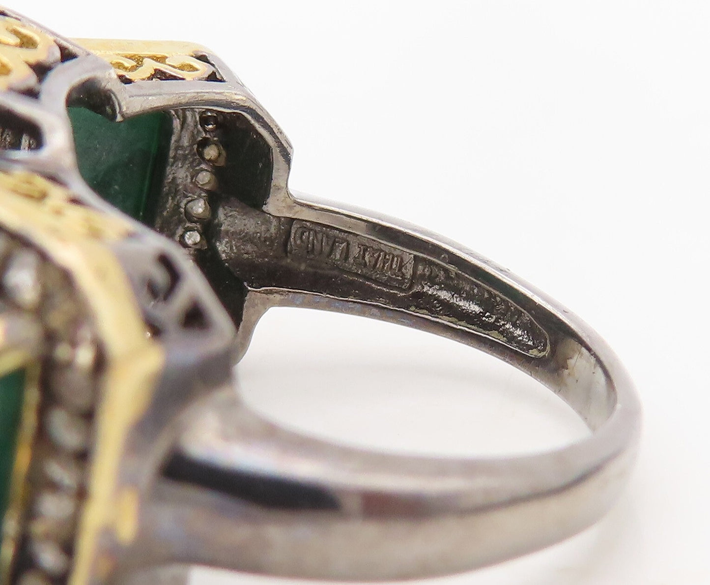 925 Sterling Silver Vintage Ring Diamonds Frame Green Gemstones  Sz 7.5  RG30230