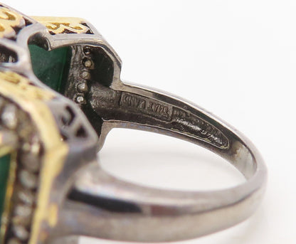 925 Sterling Silver Vintage Ring Diamonds Frame Green Gemstones  Sz 7.5  RG30230